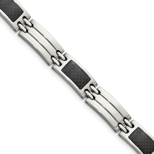 MJ Stainless Steel Brushed and Polished with Black Carbon Fiber Inlay 8.5 inch Link Bracelet