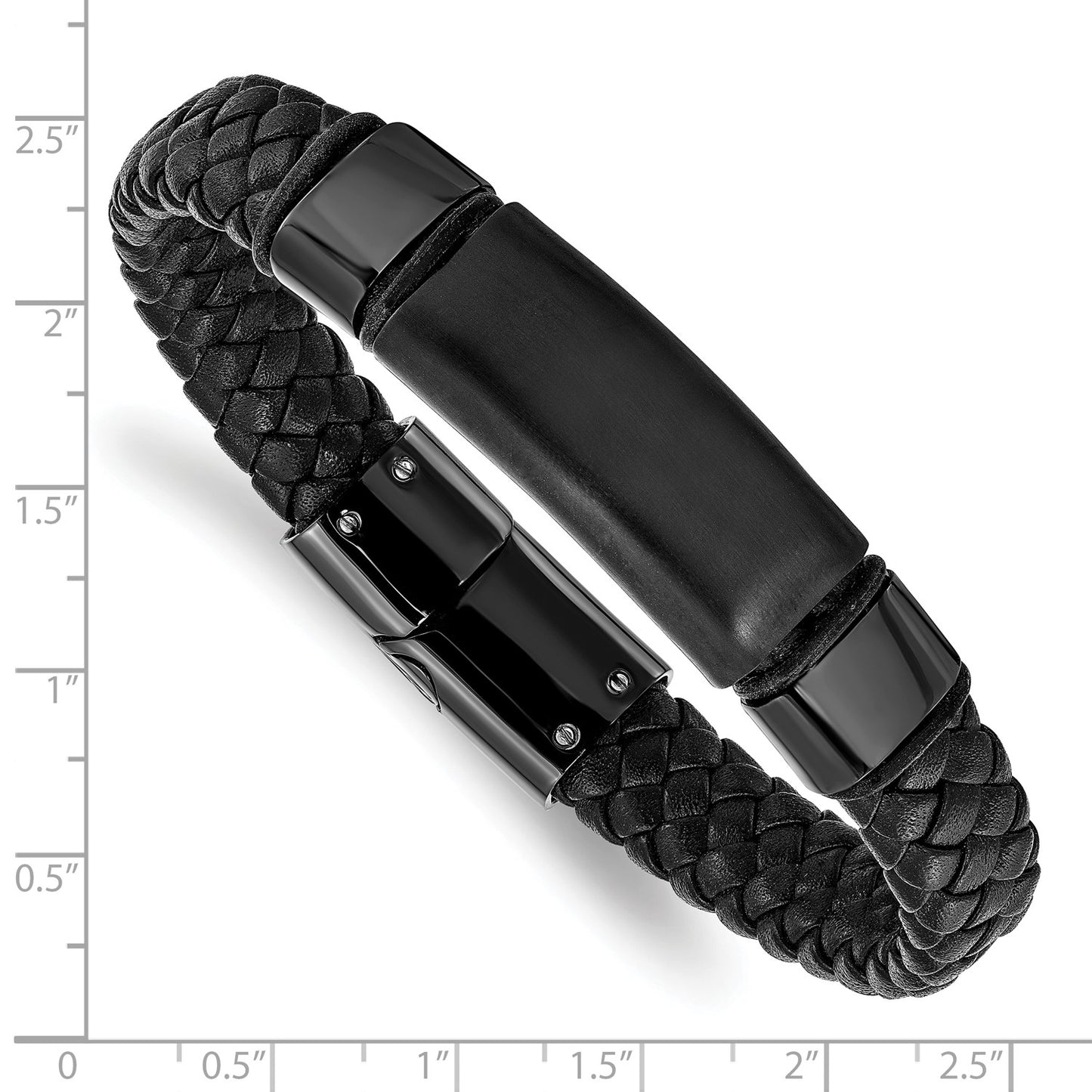 MJ Stainless Steel Brushed and Polished Black IP-plated Braided Black Leather 8.25 inch Bracelet