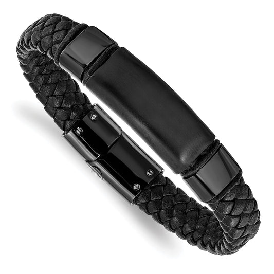 MJ Stainless Steel Brushed and Polished Black IP-plated Braided Black Leather 8.25 inch Bracelet