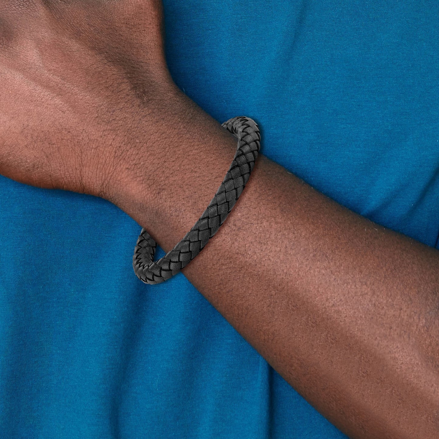 MJ Stainless Steel Brushed Black Braided Leather 8.25 inch Bracelet