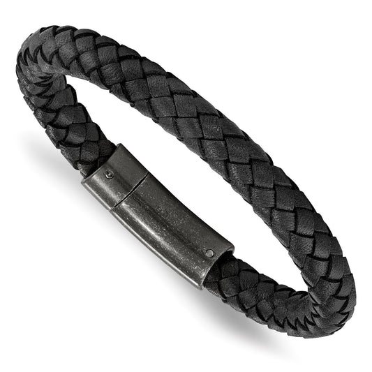 MJ Stainless Steel Brushed Black Braided Leather 8.25 inch Bracelet