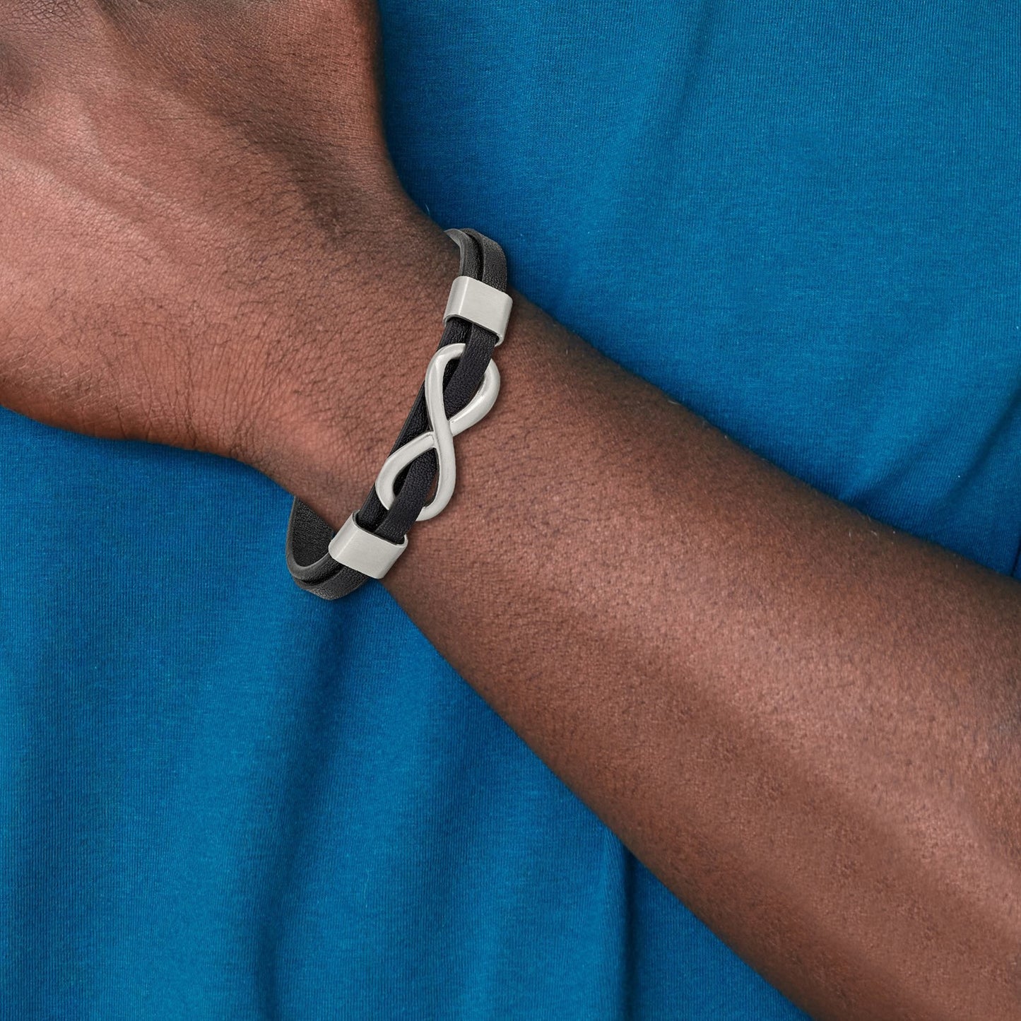 MJ Stainless Steel Brushed and Polished Infinity Symbol Black Leather 8 inch Bracelet