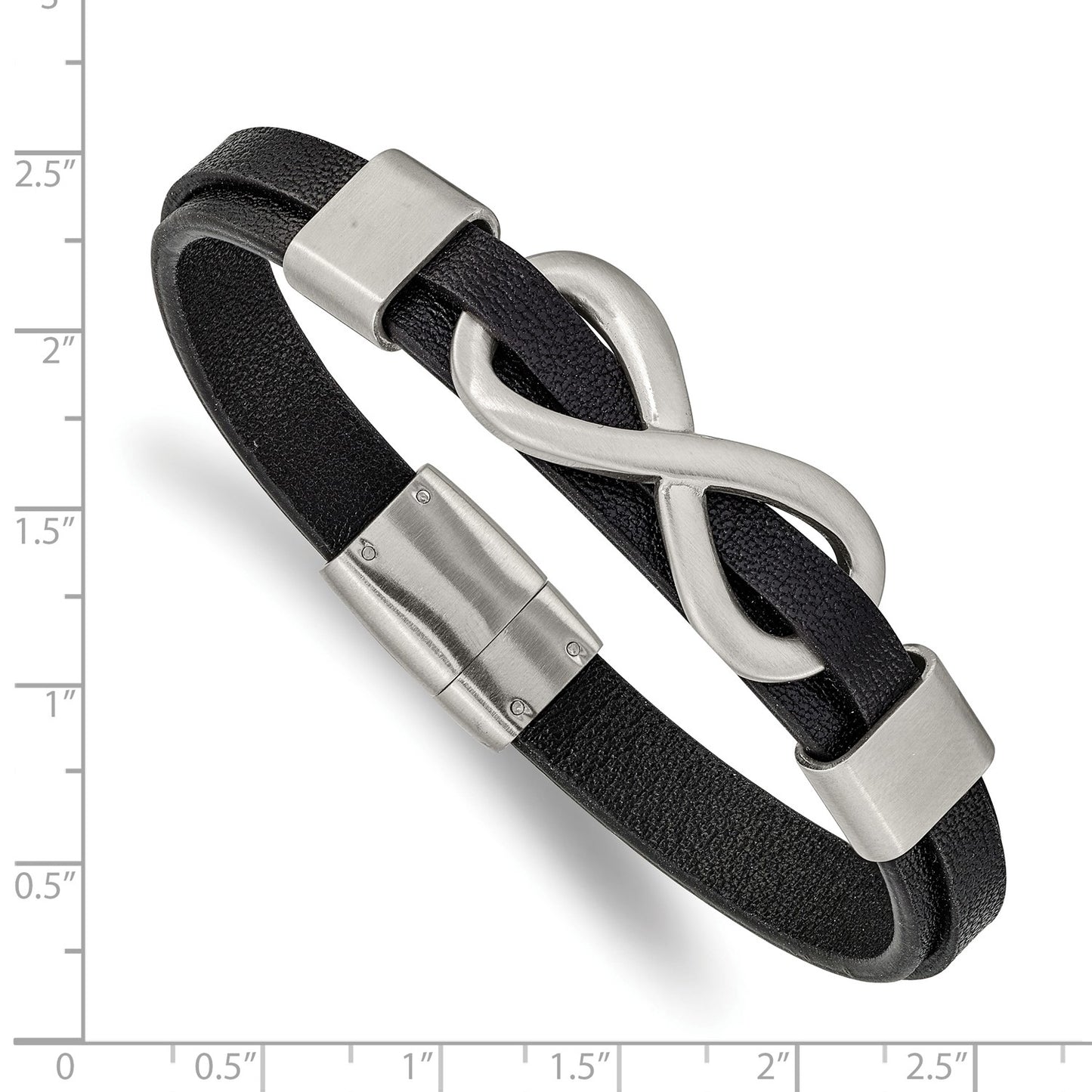 MJ Stainless Steel Brushed and Polished Infinity Symbol Black Leather 8 inch Bracelet