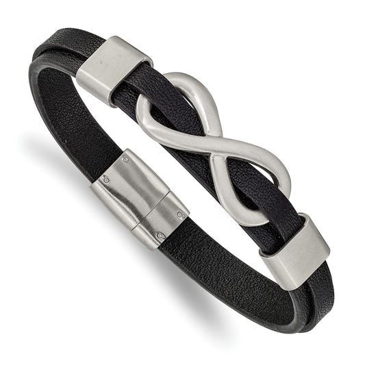 MJ Stainless Steel Brushed and Polished Infinity Symbol Black Leather 8 inch Bracelet