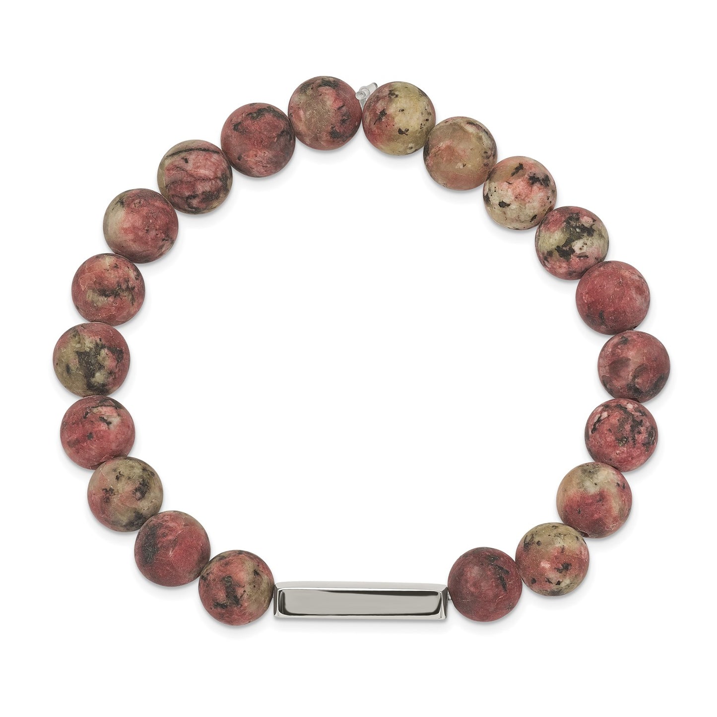 MJ Stainless Steel Polished ID Plate 8.5mm Rhodochrosite Beaded Stretch Bracelet