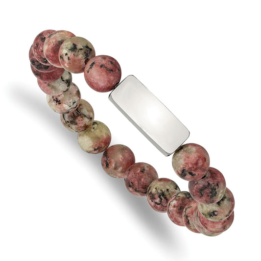 MJ Stainless Steel Polished ID Plate 8.5mm Rhodochrosite Beaded Stretch Bracelet