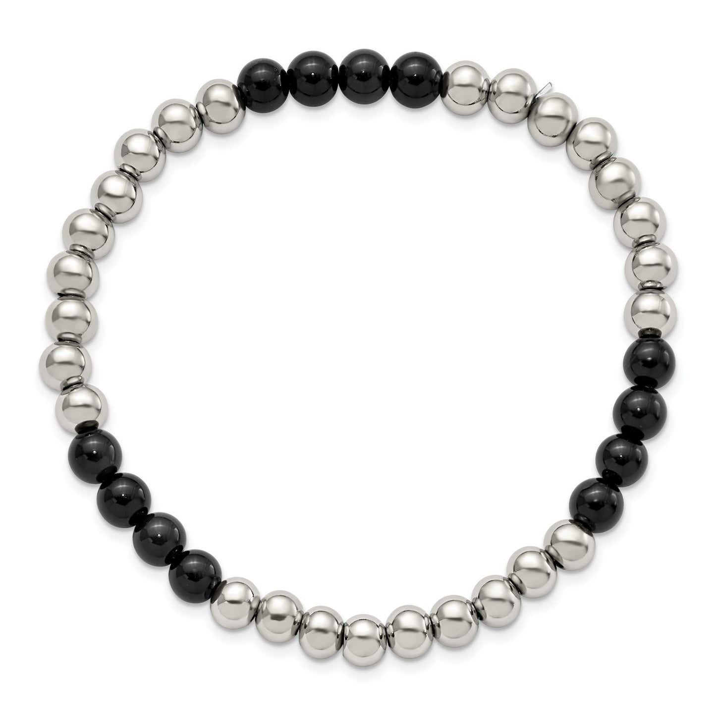 MJ Stainless Steel Polished 6mm Black Onyx Beaded Stretch Bracelet