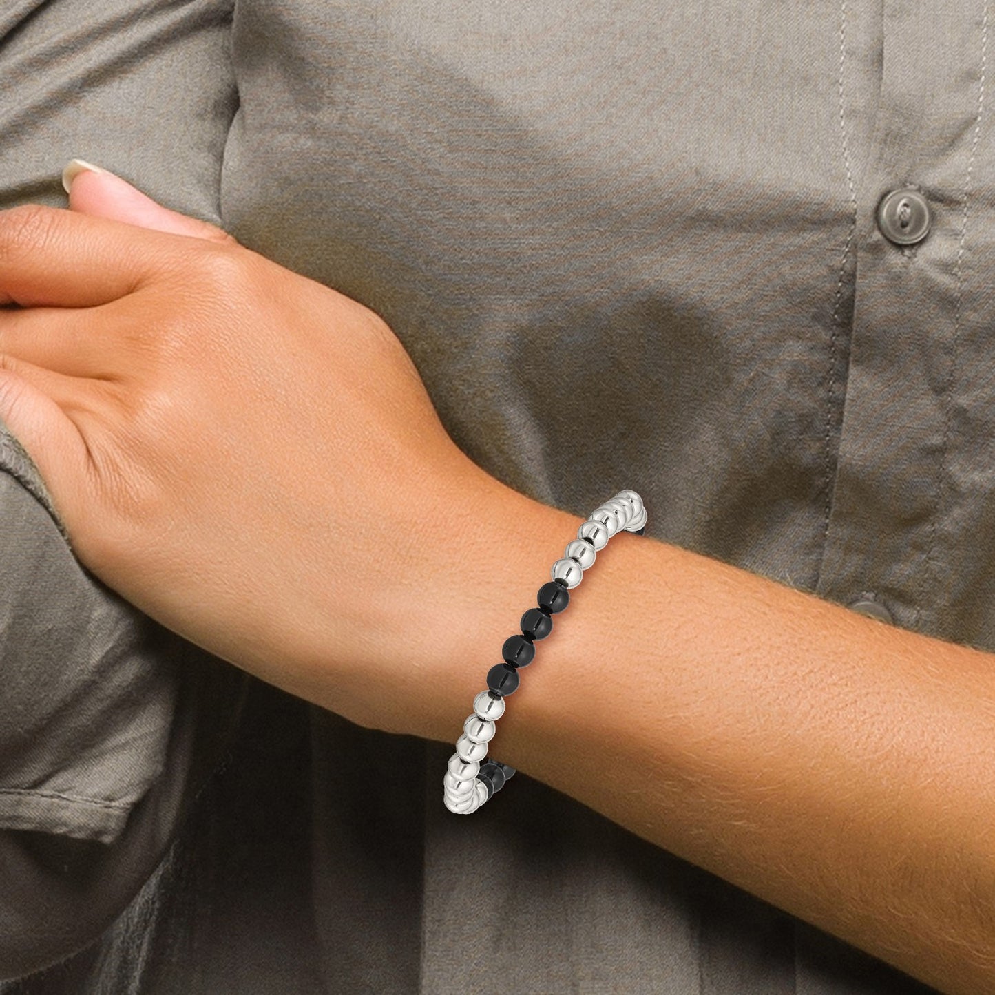 MJ Stainless Steel Polished 6mm Black Onyx Beaded Stretch Bracelet