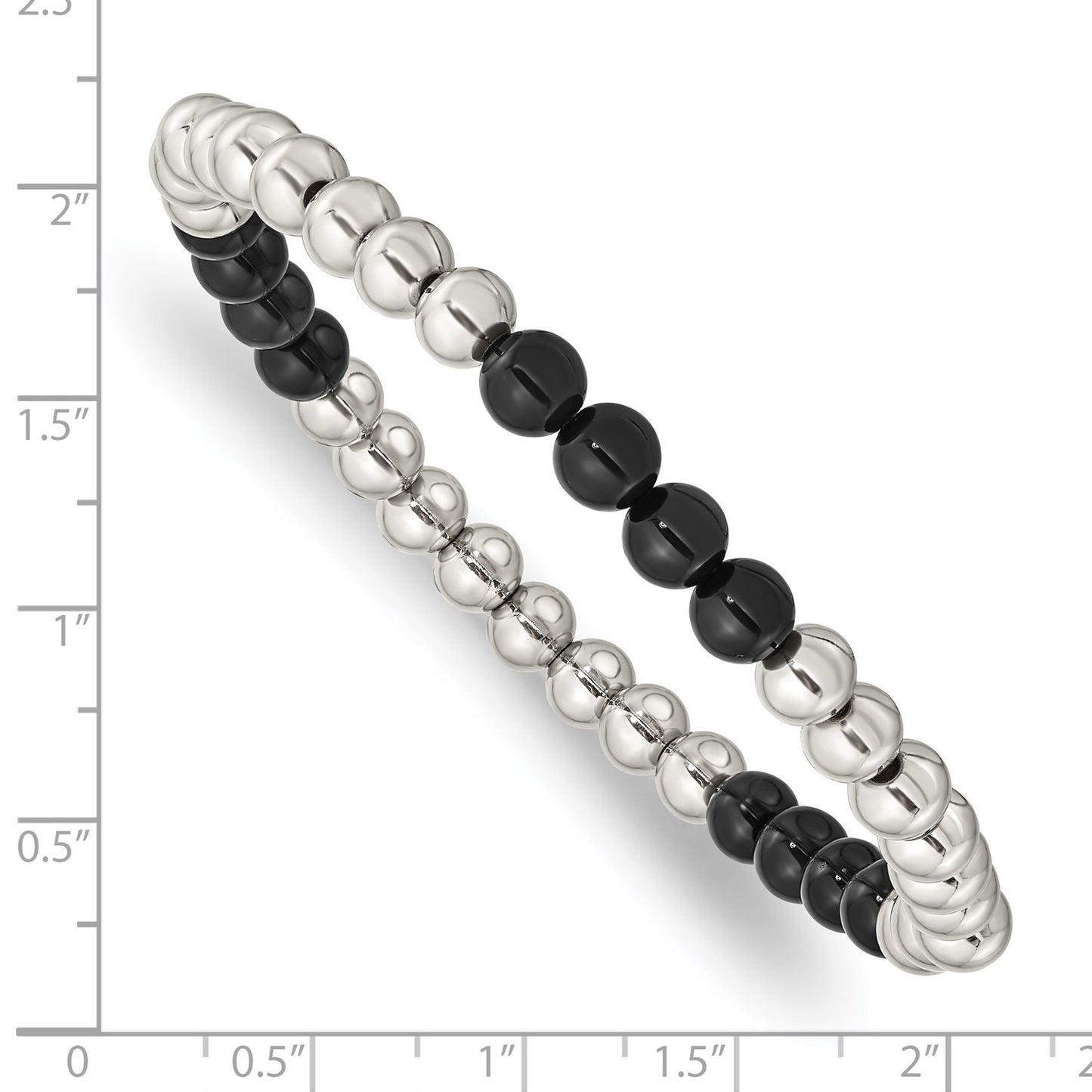 MJ Stainless Steel Polished 6mm Black Onyx Beaded Stretch Bracelet