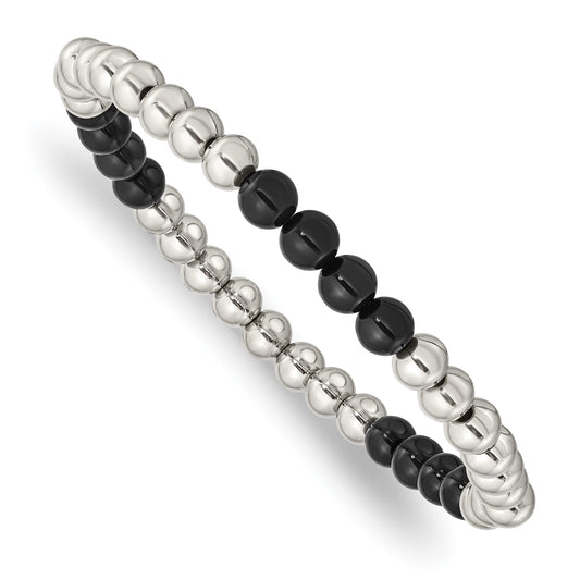 MJ Stainless Steel Polished 6mm Black Onyx Beaded Stretch Bracelet