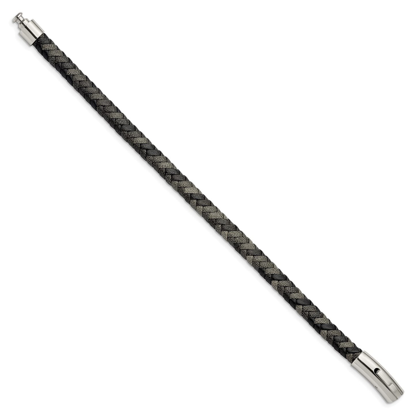 MJ Stainless Steel Polished Black and Grey Braided Leather 8.25 inch Bracelet