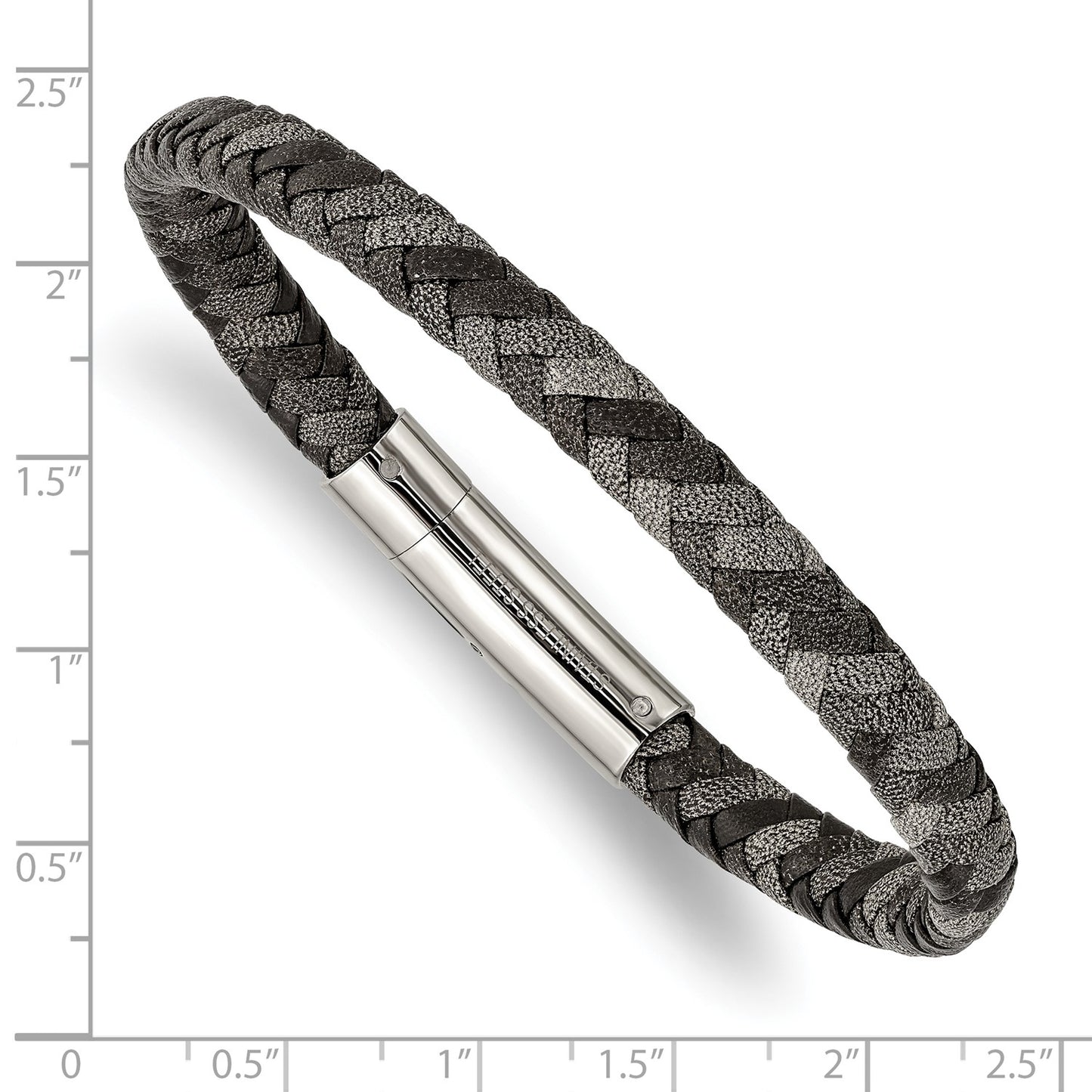 MJ Stainless Steel Polished Black and Grey Braided Leather 8.25 inch Bracelet