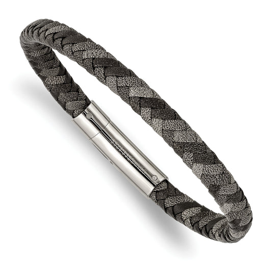 MJ Stainless Steel Polished Black and Grey Braided Leather 8.25 inch Bracelet