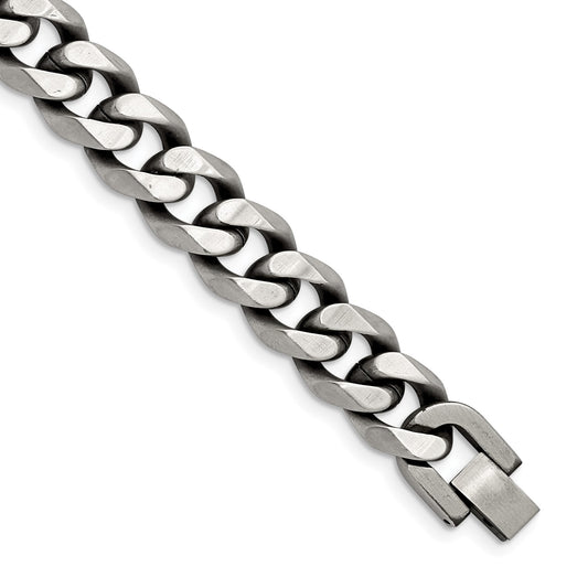MJ Stainless Steel Antiqued and Brushed 13mm 8.5 inch Curb Bracelet