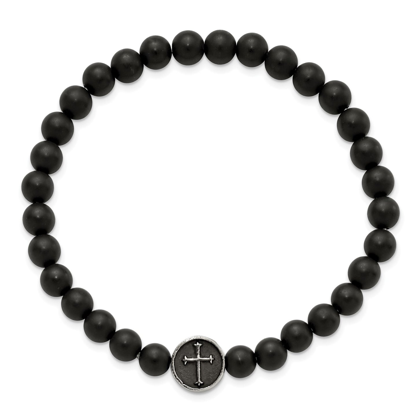 MJ Stainless Steel Antiqued and Polished Cross 7mm Black Agate Beaded Stretch Bracelet