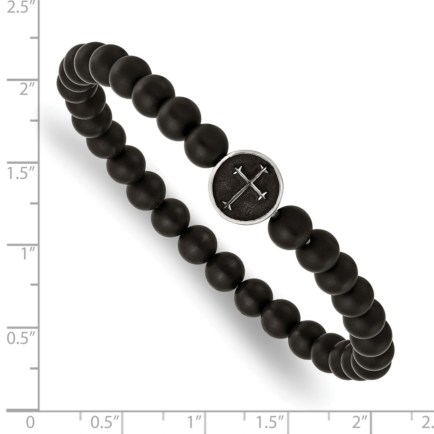 MJ Stainless Steel Antiqued and Polished Cross 7mm Black Agate Beaded Stretch Bracelet