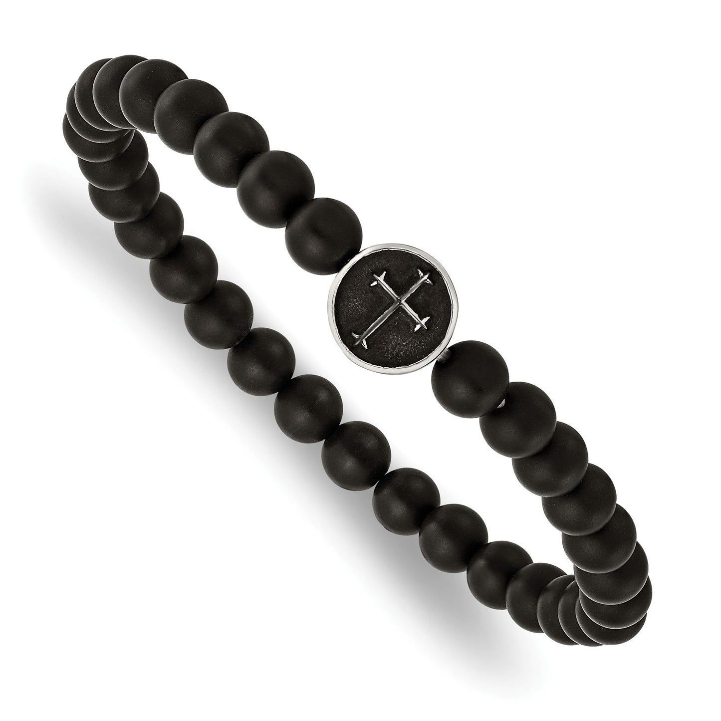 MJ Stainless Steel Antiqued and Polished Cross 7mm Black Agate Beaded Stretch Bracelet