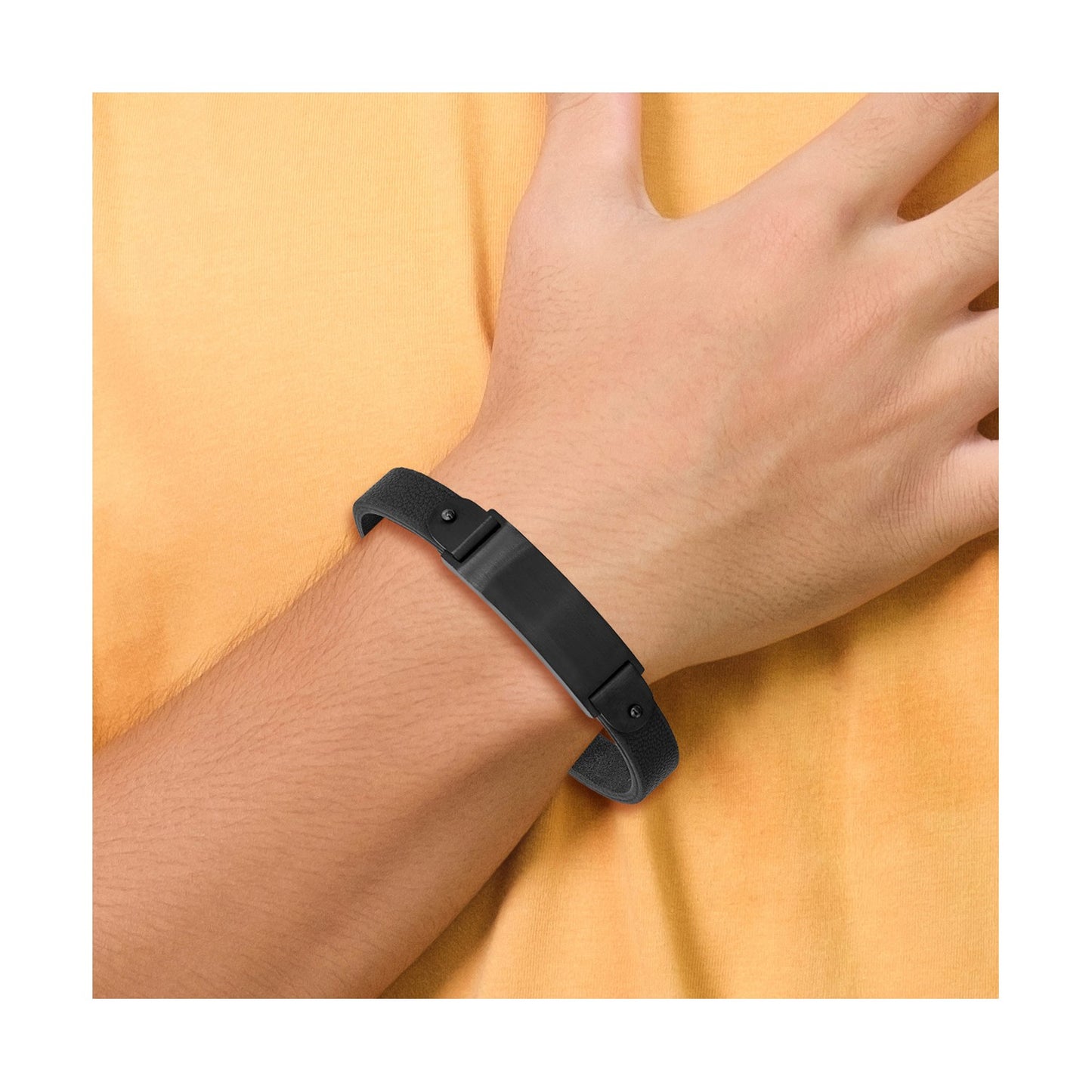 MJ Stainless Steel Brushed Black IP-plated Black Leather 8.5 inch ID Bracelet