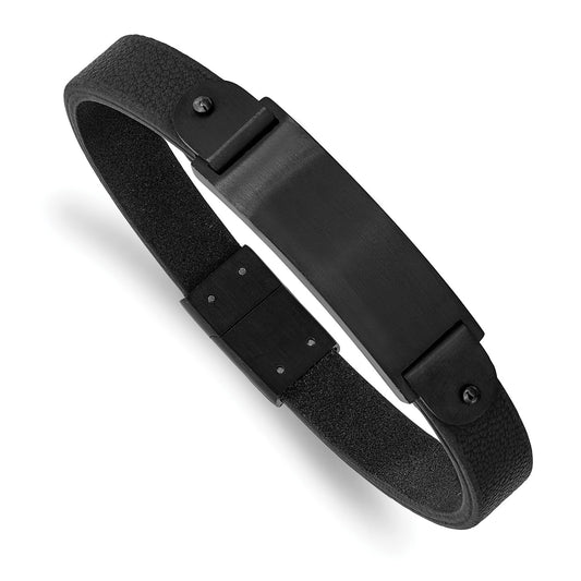 MJ Stainless Steel Brushed Black IP-plated Black Leather 8.5 inch ID Bracelet