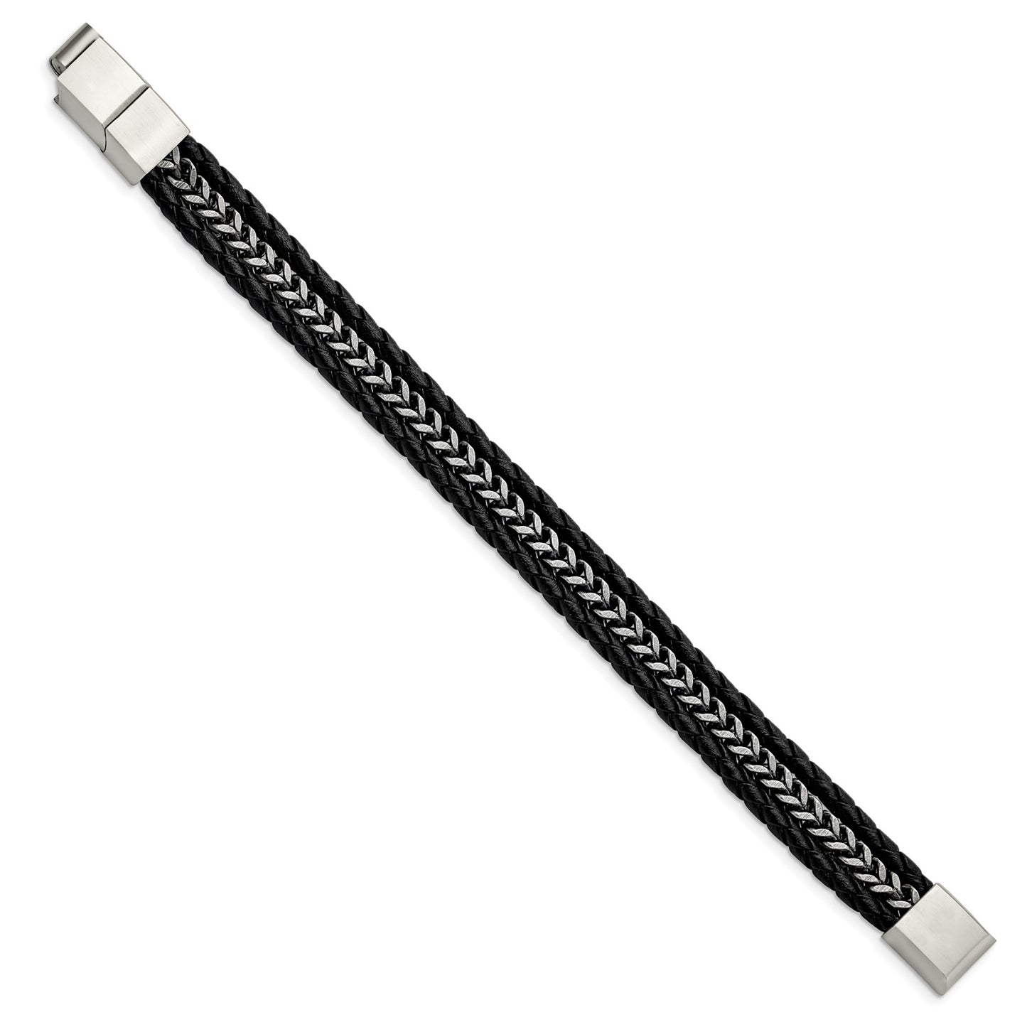MJ Stainless Steel Antiqued and Brushed Multi Strand Chain and Black Leather 8.25 inch Bracelet with .5 inch Extension