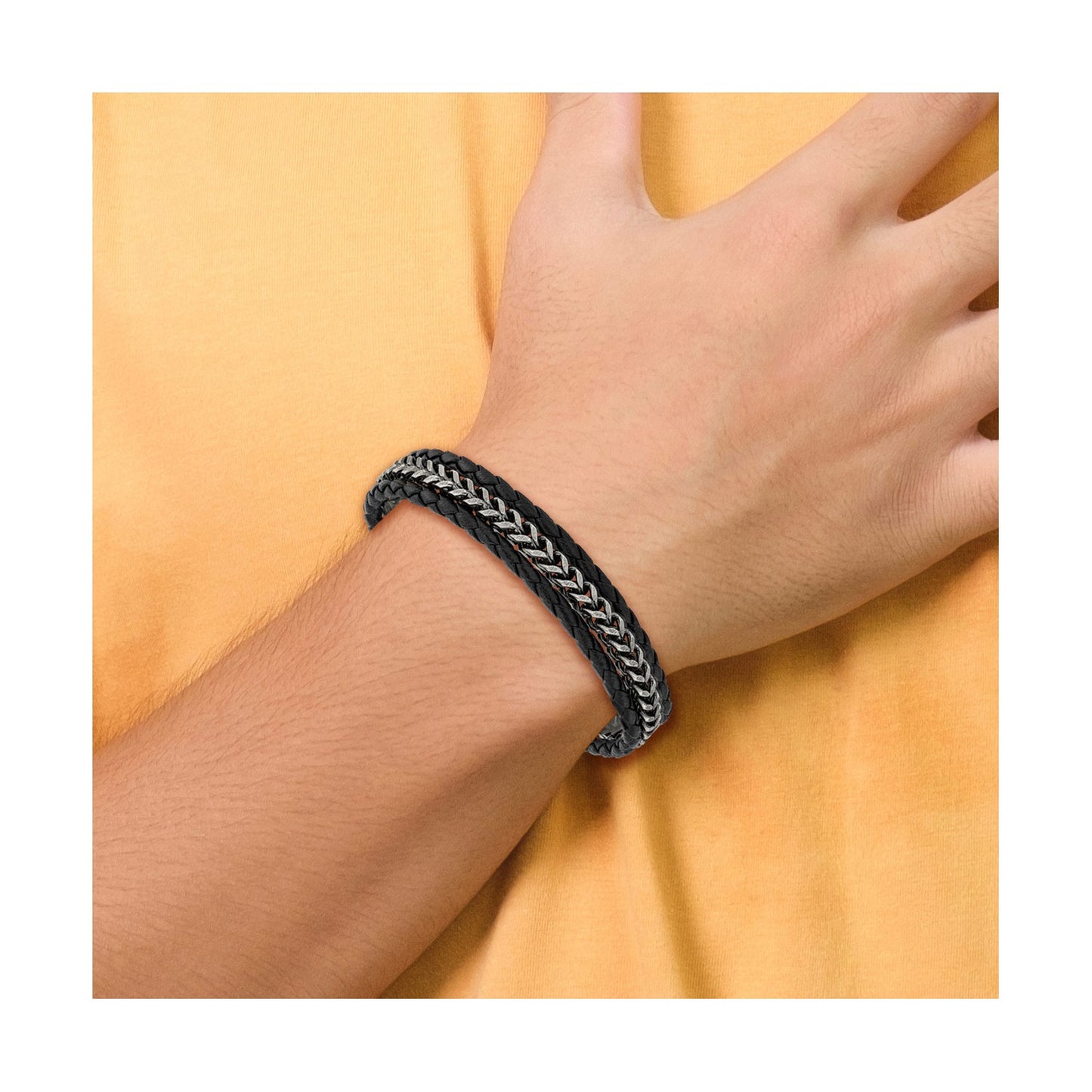 MJ Stainless Steel Antiqued and Brushed Multi Strand Chain and Black Leather 8.25 inch Bracelet with .5 inch Extension