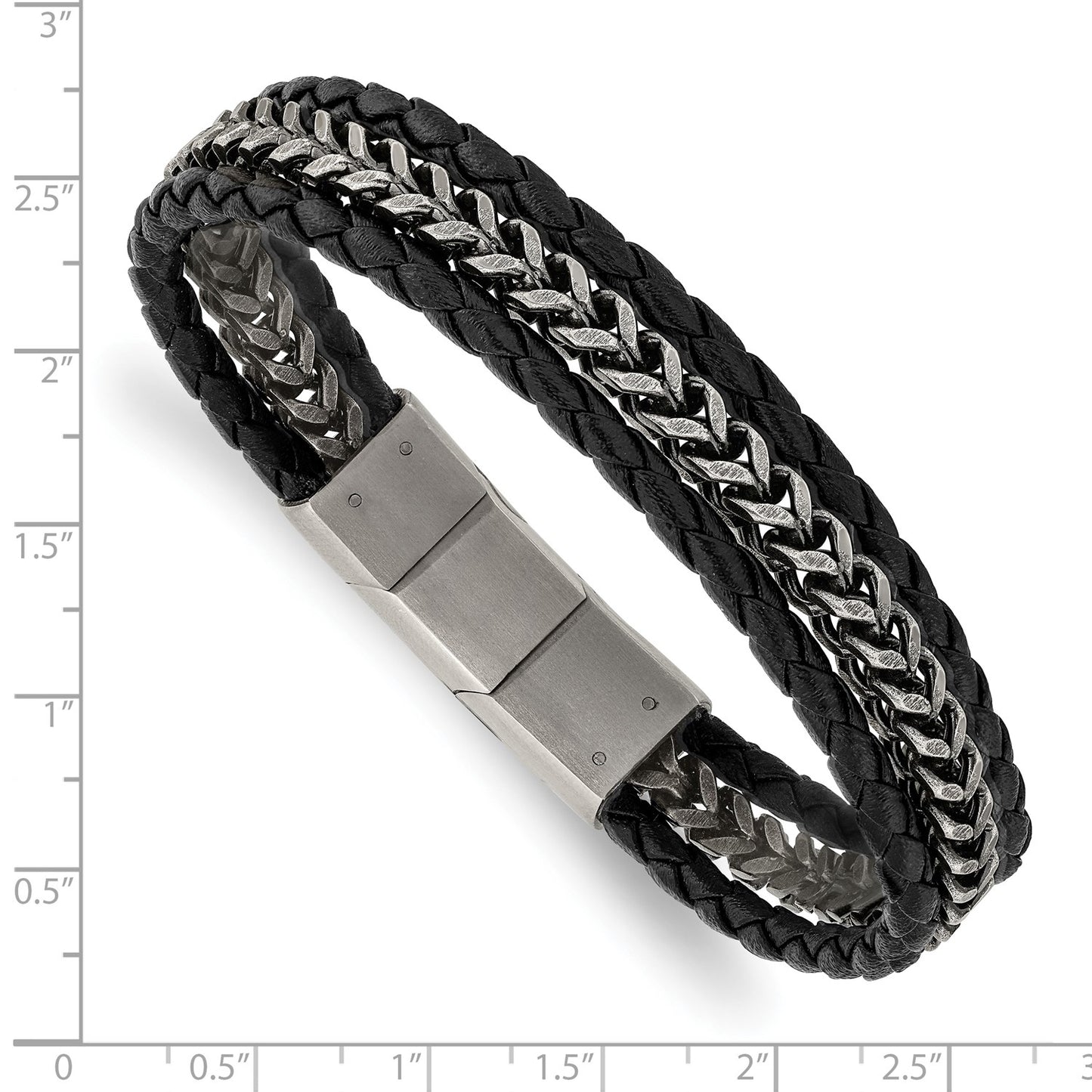 MJ Stainless Steel Antiqued and Brushed Multi Strand Chain and Black Leather 8.25 inch Bracelet with .5 inch Extension