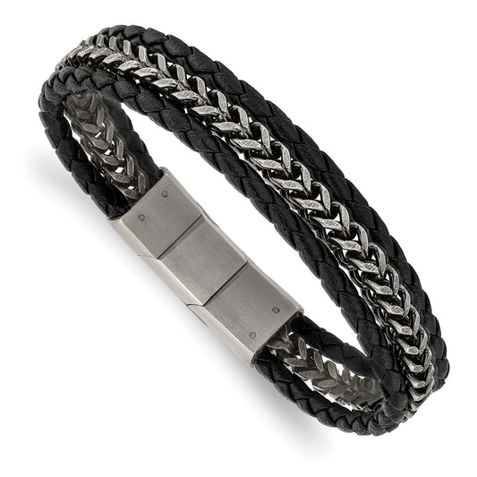 MJ Stainless Steel Antiqued and Brushed Multi Strand Chain and Black Leather 8.25 inch Bracelet with .5 inch Extension