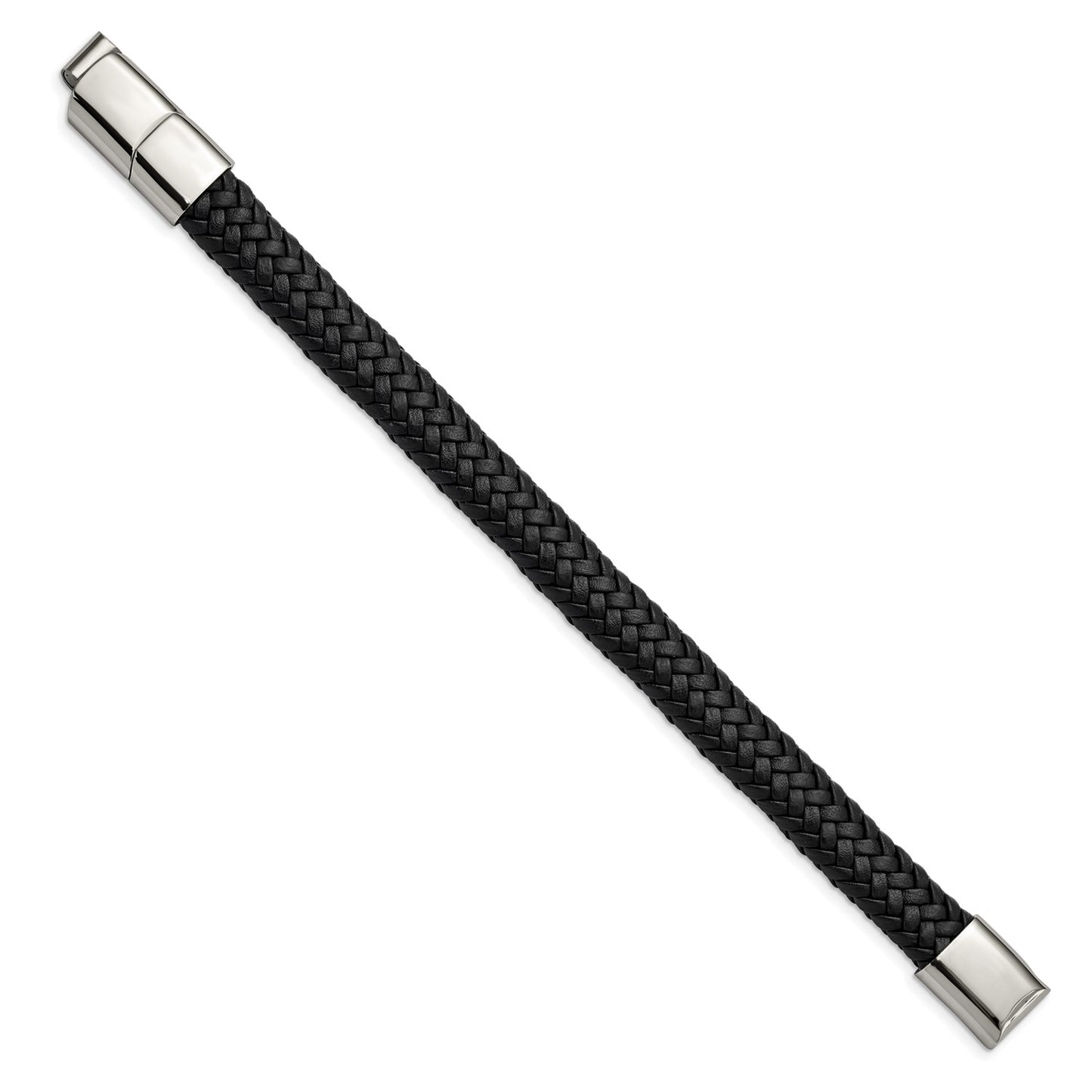 MJ Stainless Steel Polished Black Braided Leather 8 inch Bracelet with .5 inch Extension