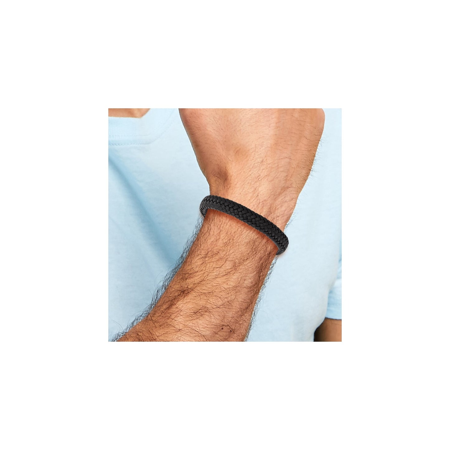 MJ Stainless Steel Polished Black Braided Leather 8 inch Bracelet with .5 inch Extension