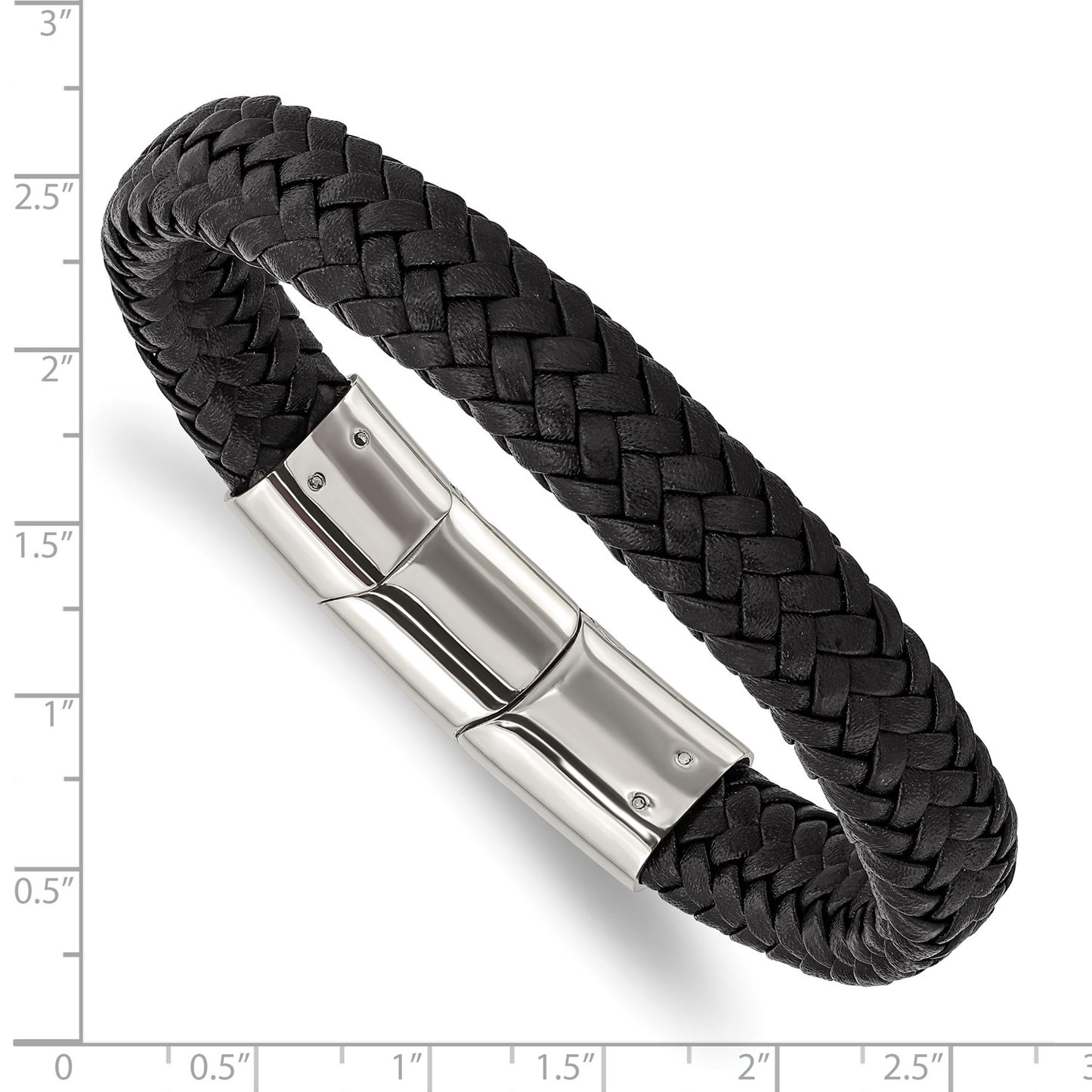 MJ Stainless Steel Polished Black Braided Leather 8 inch Bracelet with .5 inch Extension