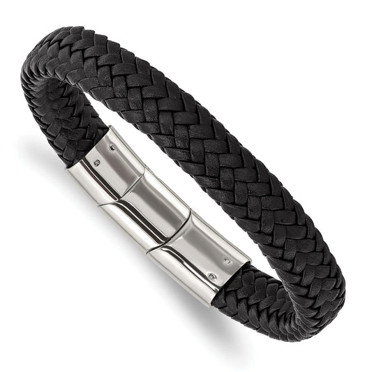 MJ Stainless Steel Polished Black Braided Leather 8 inch Bracelet with .5 inch Extension