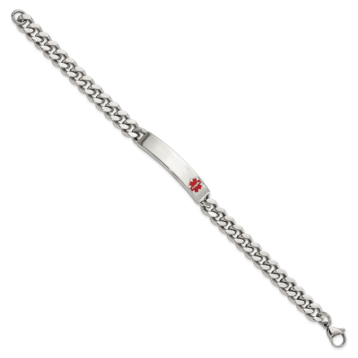 MJ Stainless Steel Polished with Red Enamel Medical ID 8.75 inch Curb Chain Bracelet