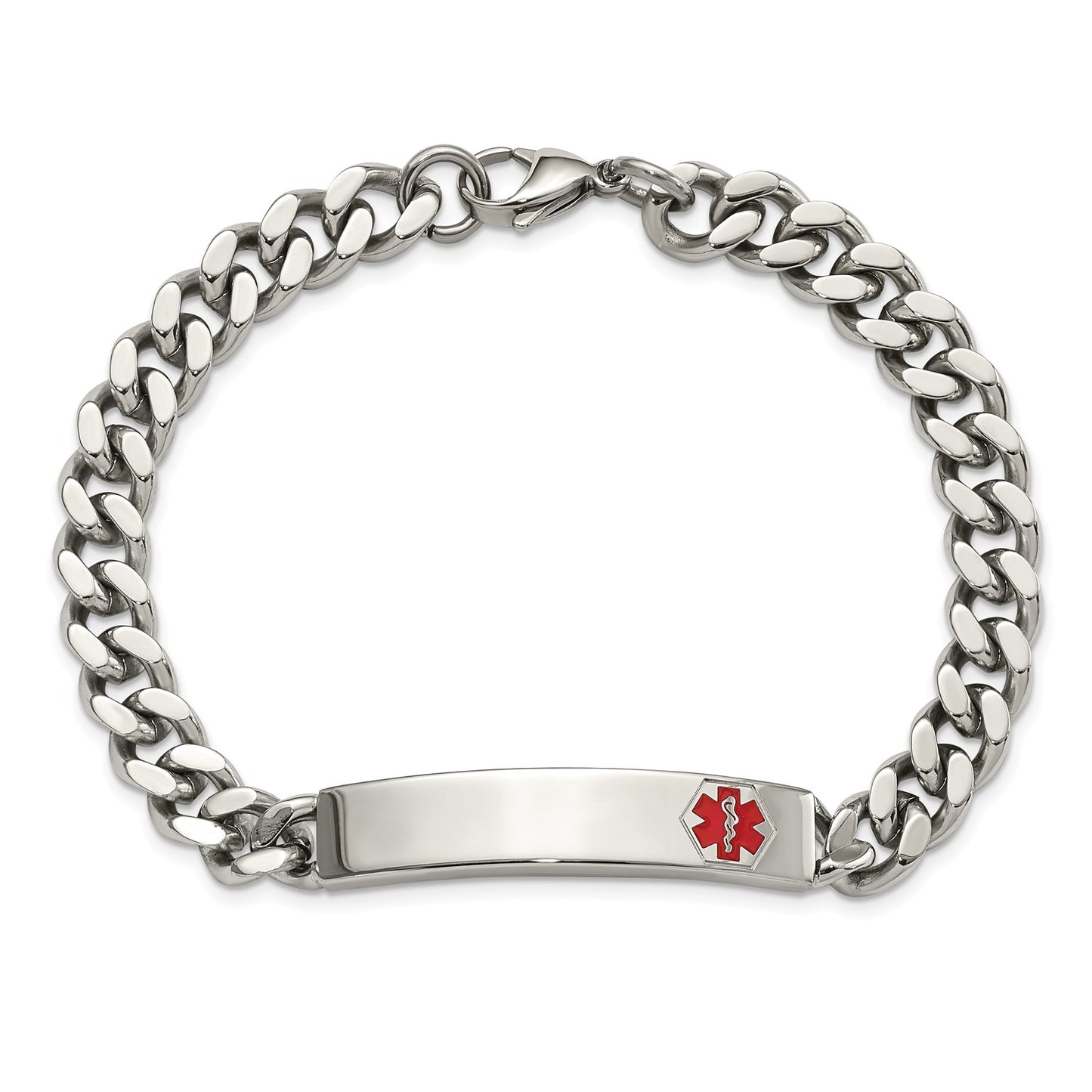 MJ Stainless Steel Polished with Red Enamel Medical ID 8.75 inch Curb Chain Bracelet