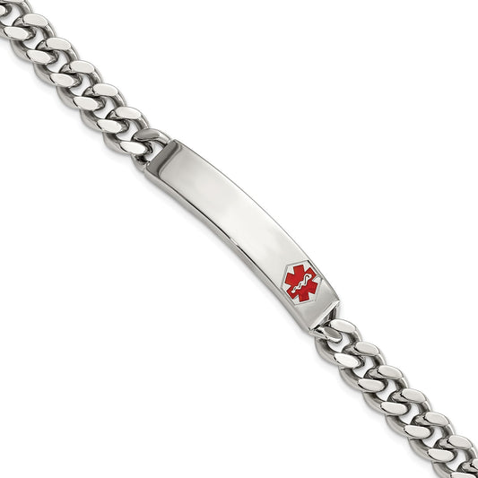 MJ Stainless Steel Polished with Red Enamel Medical ID 8.75 inch Curb Chain Bracelet