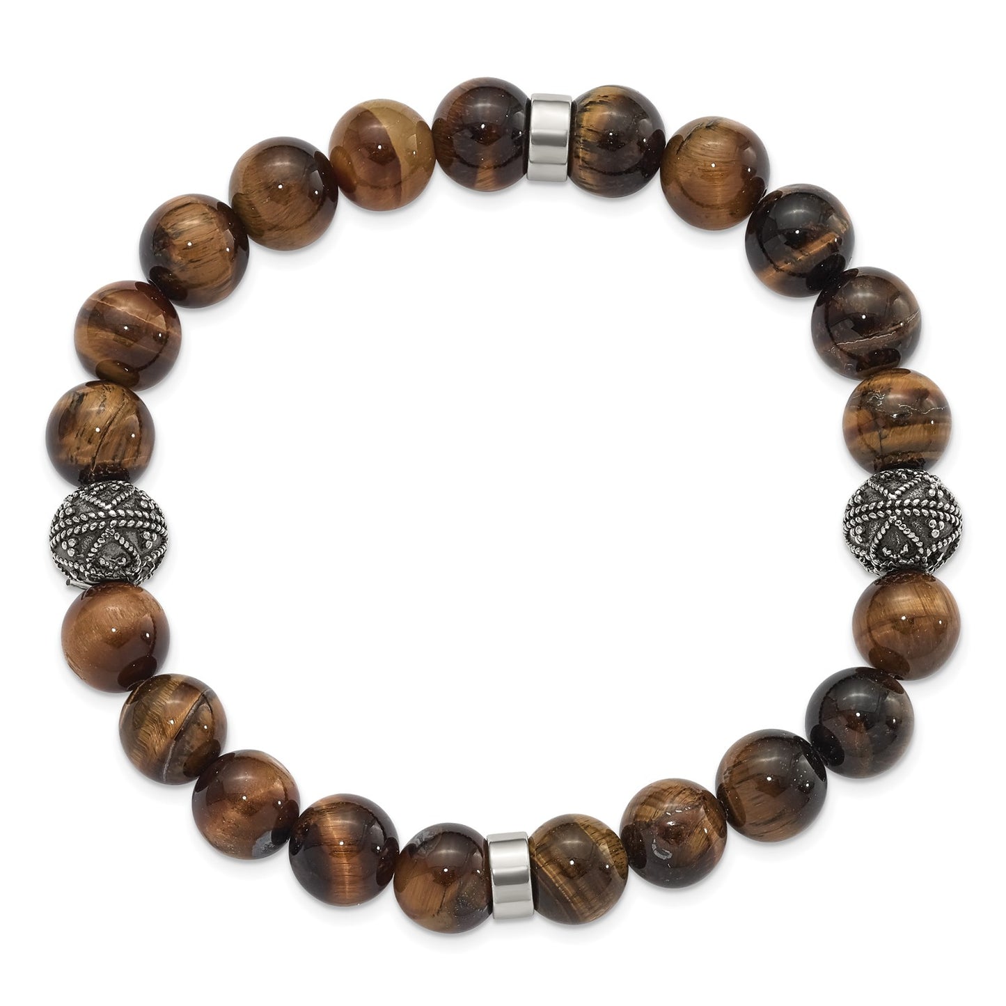 MJ Stainless Steel Antiqued and Polished 10mm Tiger's Eye Stretch Bracelet