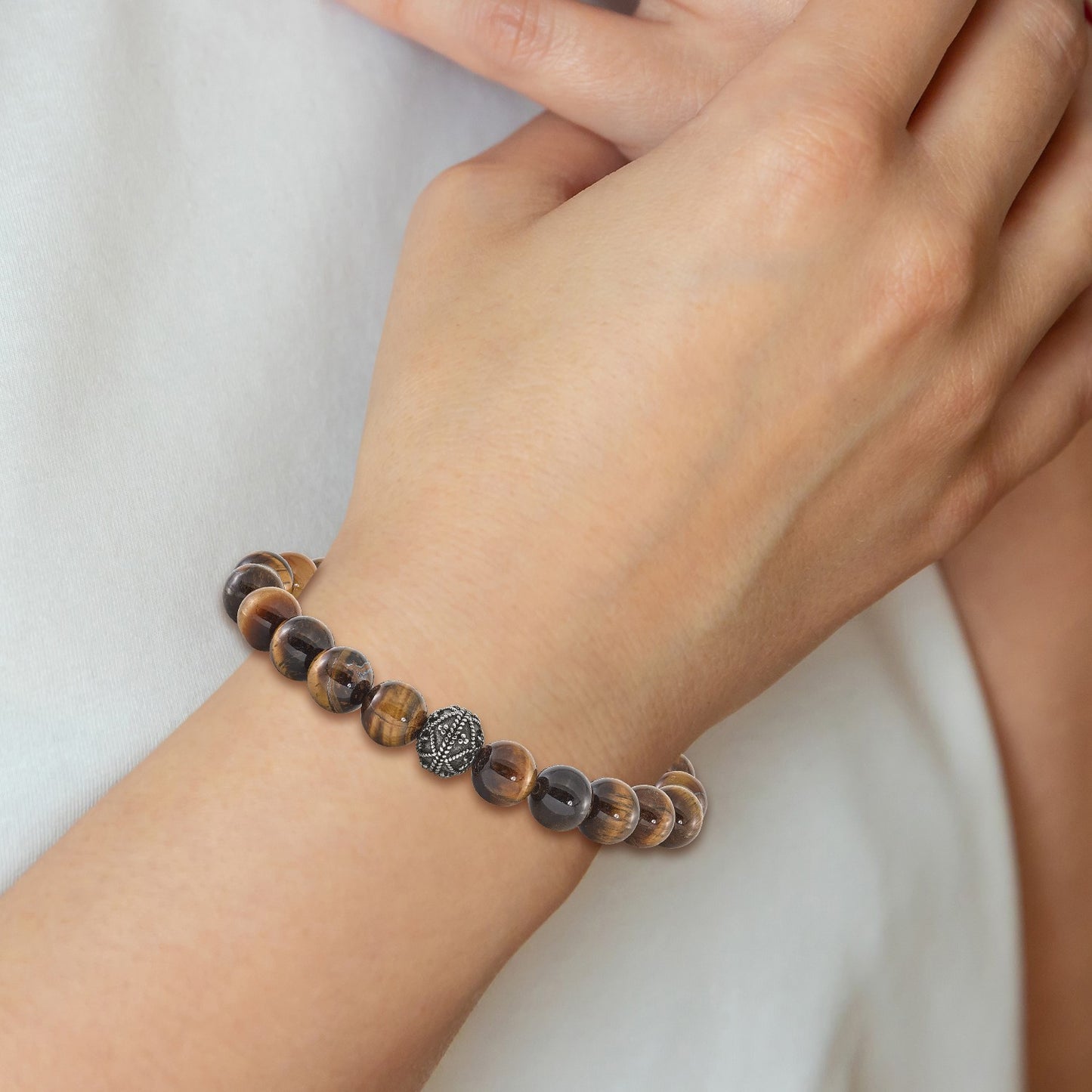 MJ Stainless Steel Antiqued and Polished 10mm Tiger's Eye Stretch Bracelet