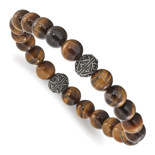 MJ Stainless Steel Antiqued and Polished 10mm Tiger's Eye Stretch Bracelet