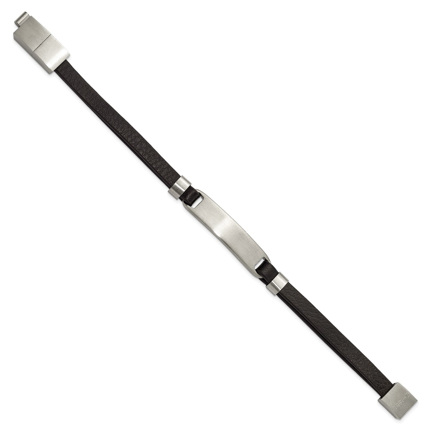 MJ Stainless Steel Brushed Black Leather 8 inch ID Bracelet with .5 inch Extension