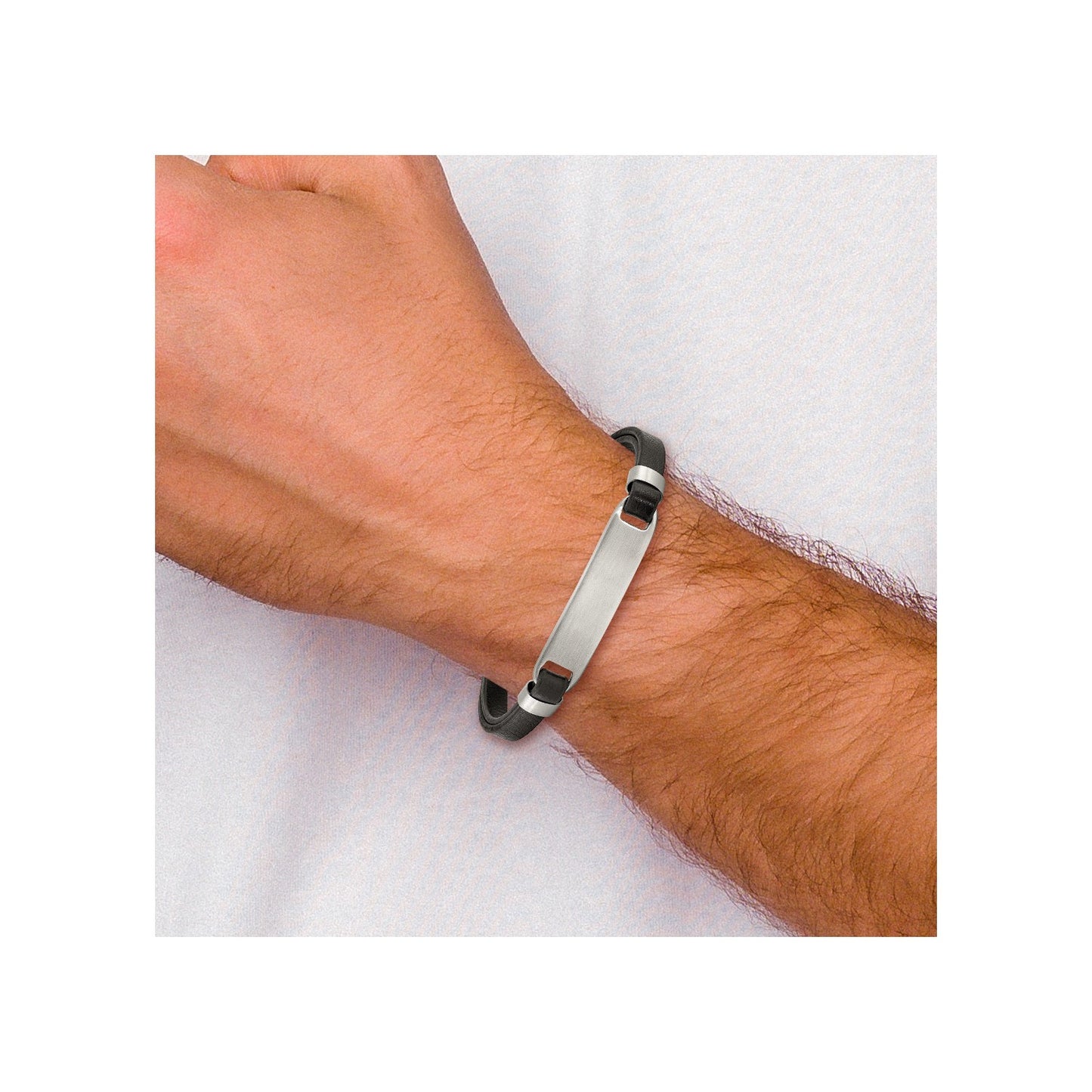 MJ Stainless Steel Brushed Black Leather 8 inch ID Bracelet with .5 inch Extension