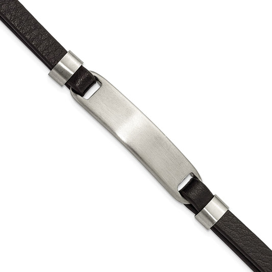 MJ Stainless Steel Brushed Black Leather 8 inch ID Bracelet with .5 inch Extension