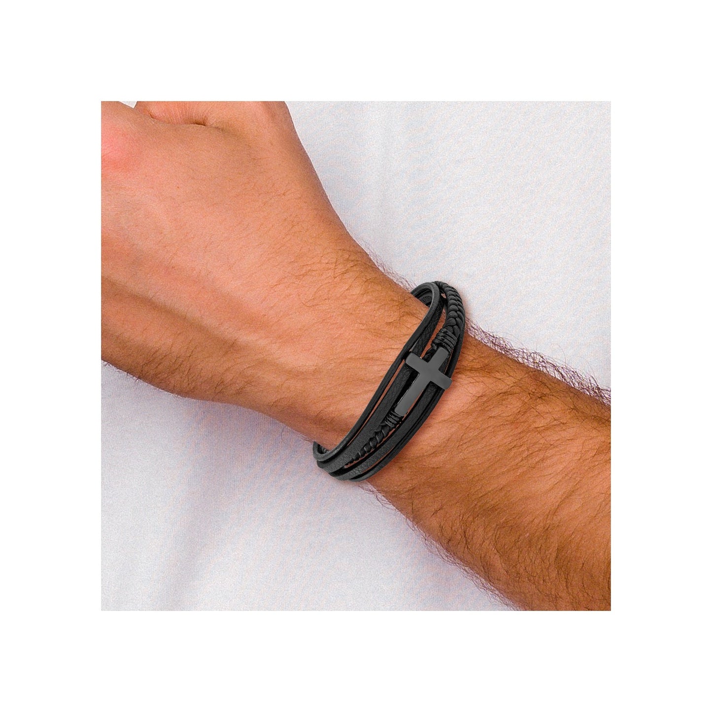 MJ Stainless Steel Polished Black IP-plated Cross Black Polyurethane and Leather Multi Strand 8.75 inch Bracelet