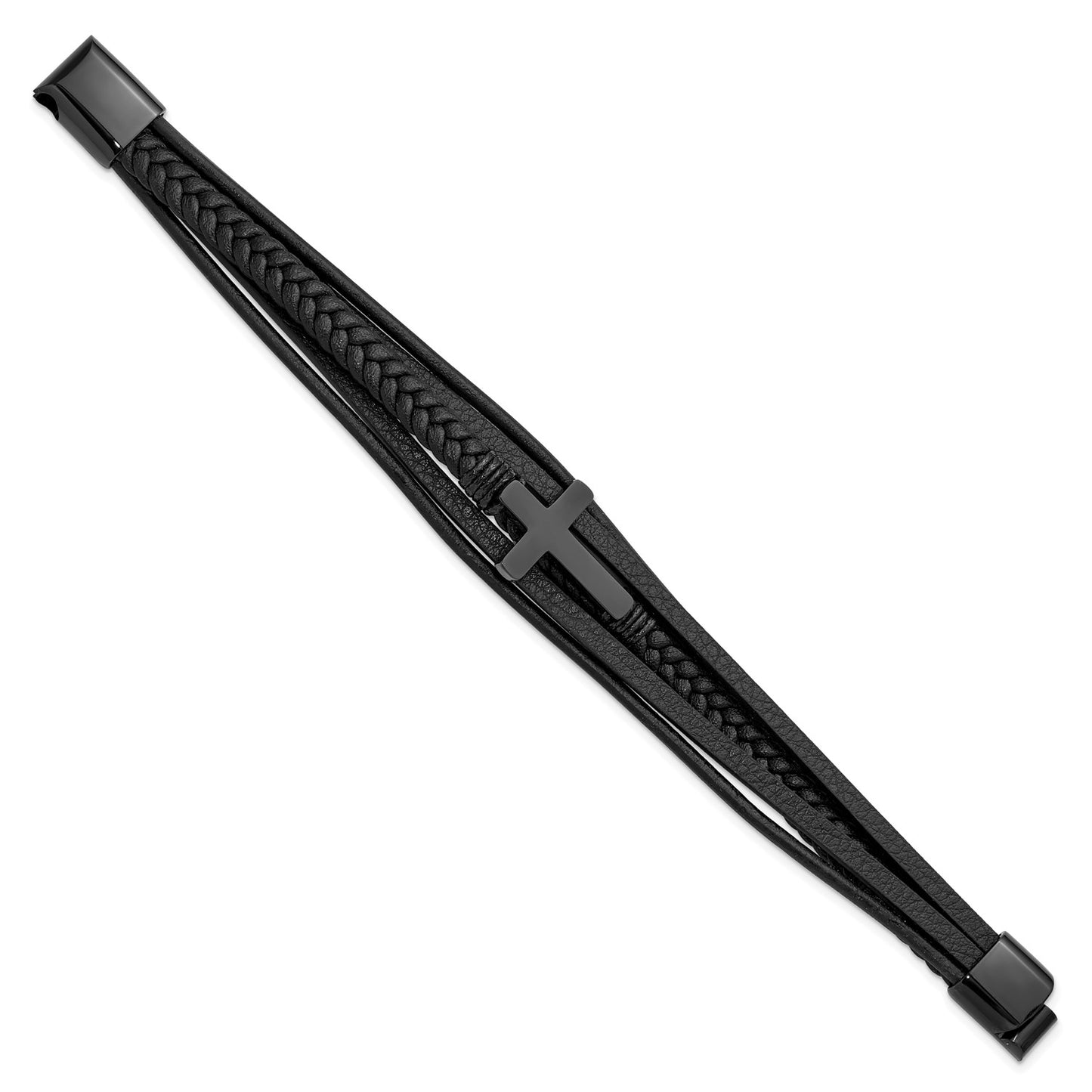 MJ Stainless Steel Polished Black IP-plated Cross Black Polyurethane and Leather Multi Strand 8.75 inch Bracelet