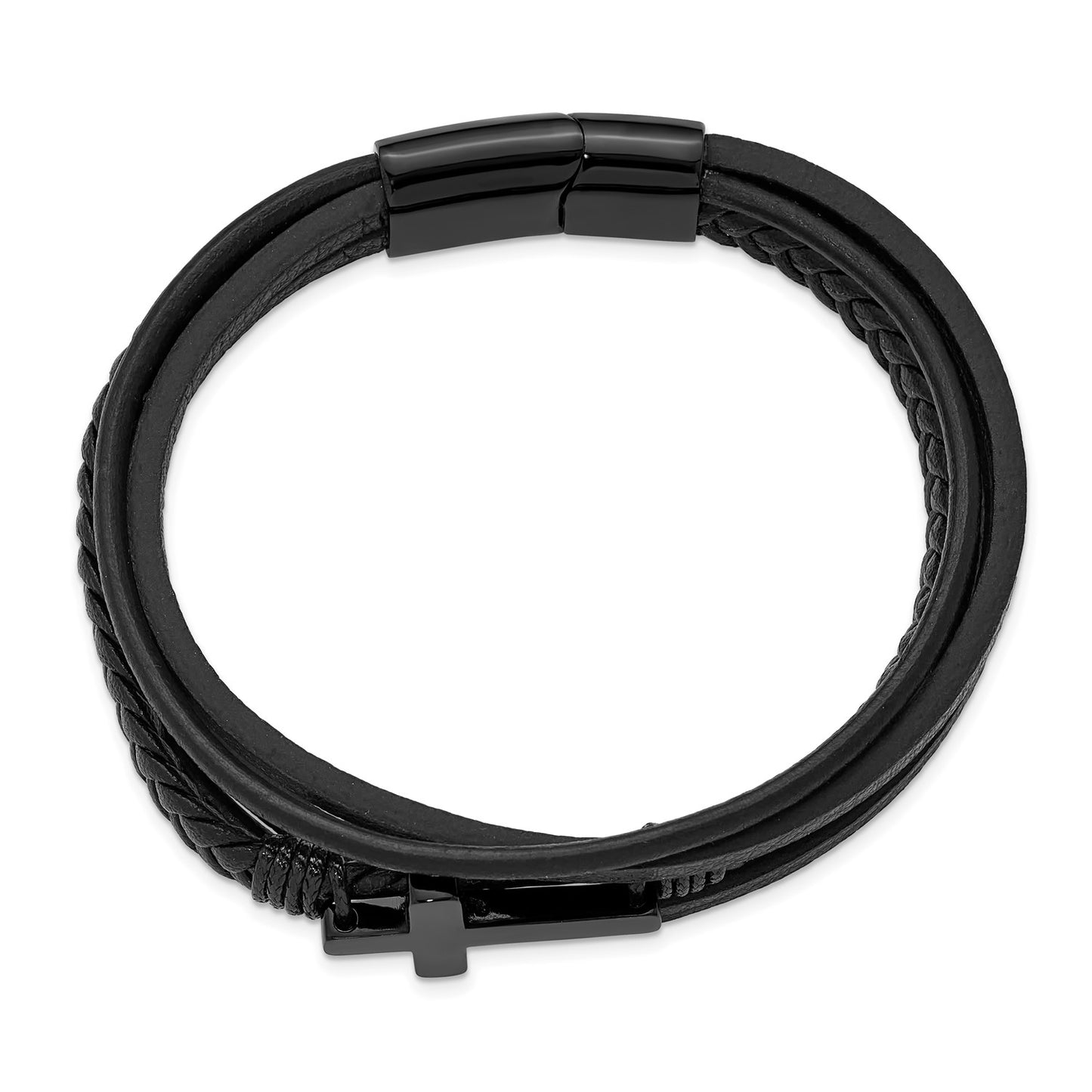 MJ Stainless Steel Polished Black IP-plated Cross Black Polyurethane and Leather Multi Strand 8.75 inch Bracelet