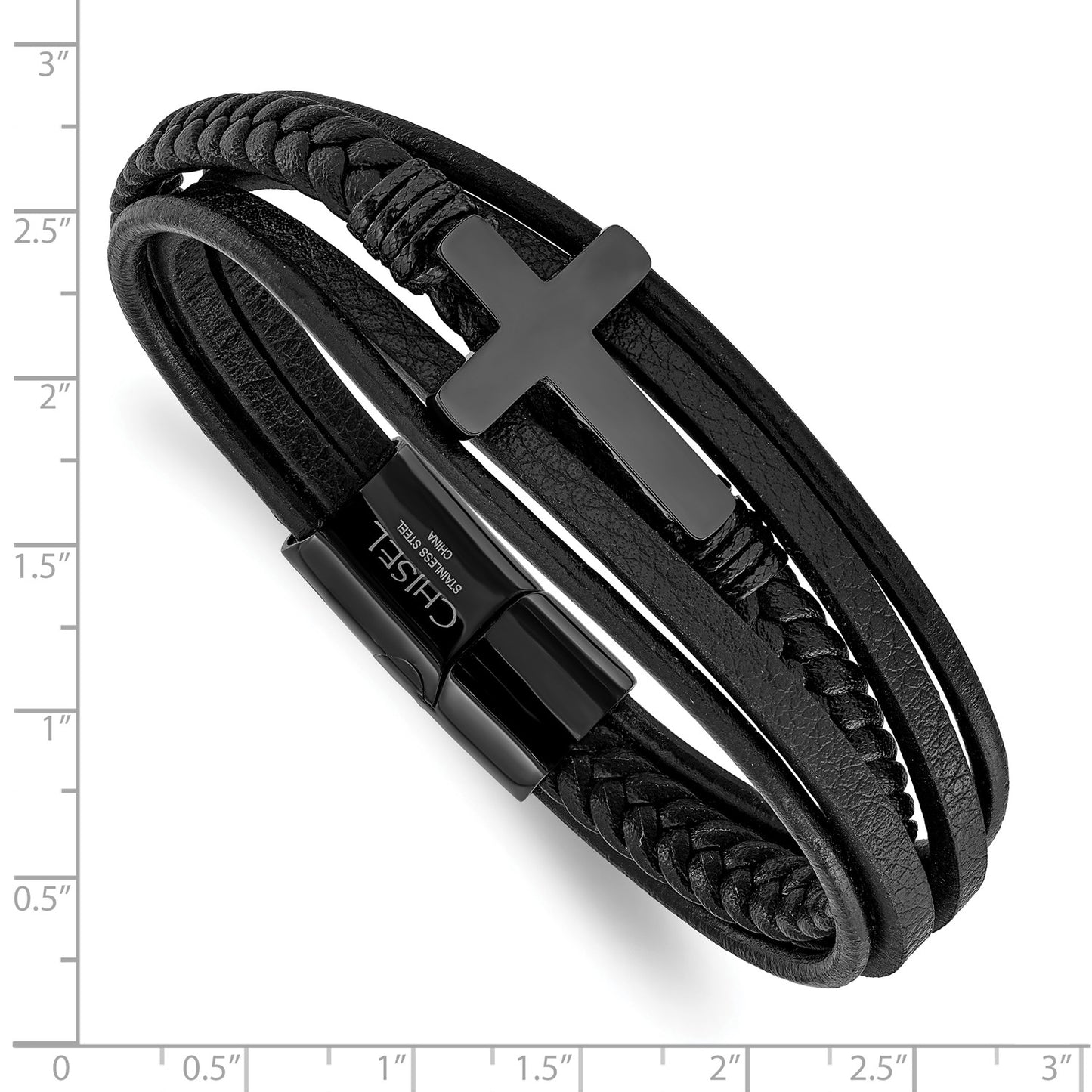 MJ Stainless Steel Polished Black IP-plated Cross Black Polyurethane and Leather Multi Strand 8.75 inch Bracelet