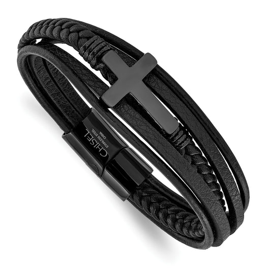 MJ Stainless Steel Polished Black IP-plated Cross Black Polyurethane and Leather Multi Strand 8.75 inch Bracelet