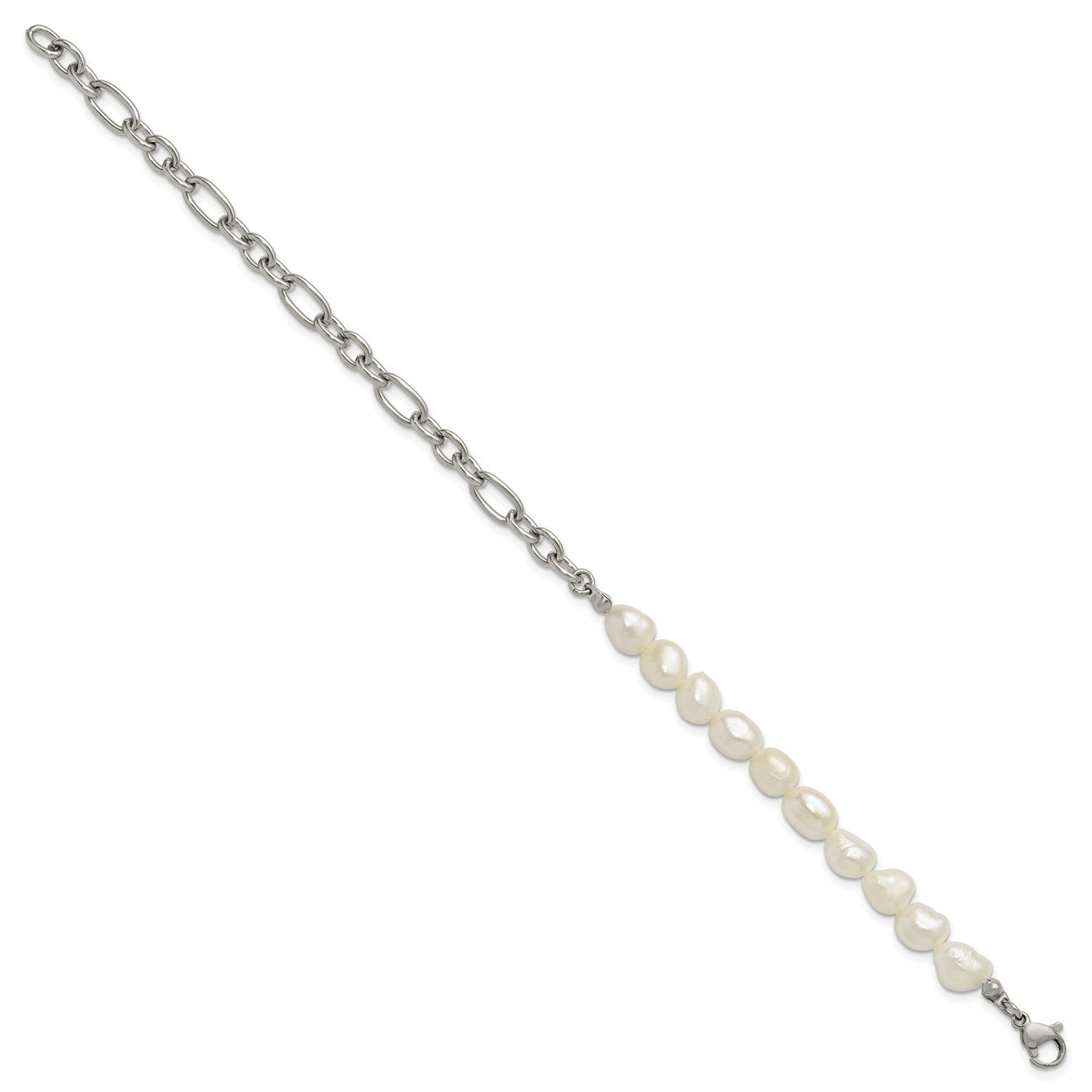 MJ Stainless Steel Polished with Half White Freshwater Cultured Pearl 8.25 inch Bracelet