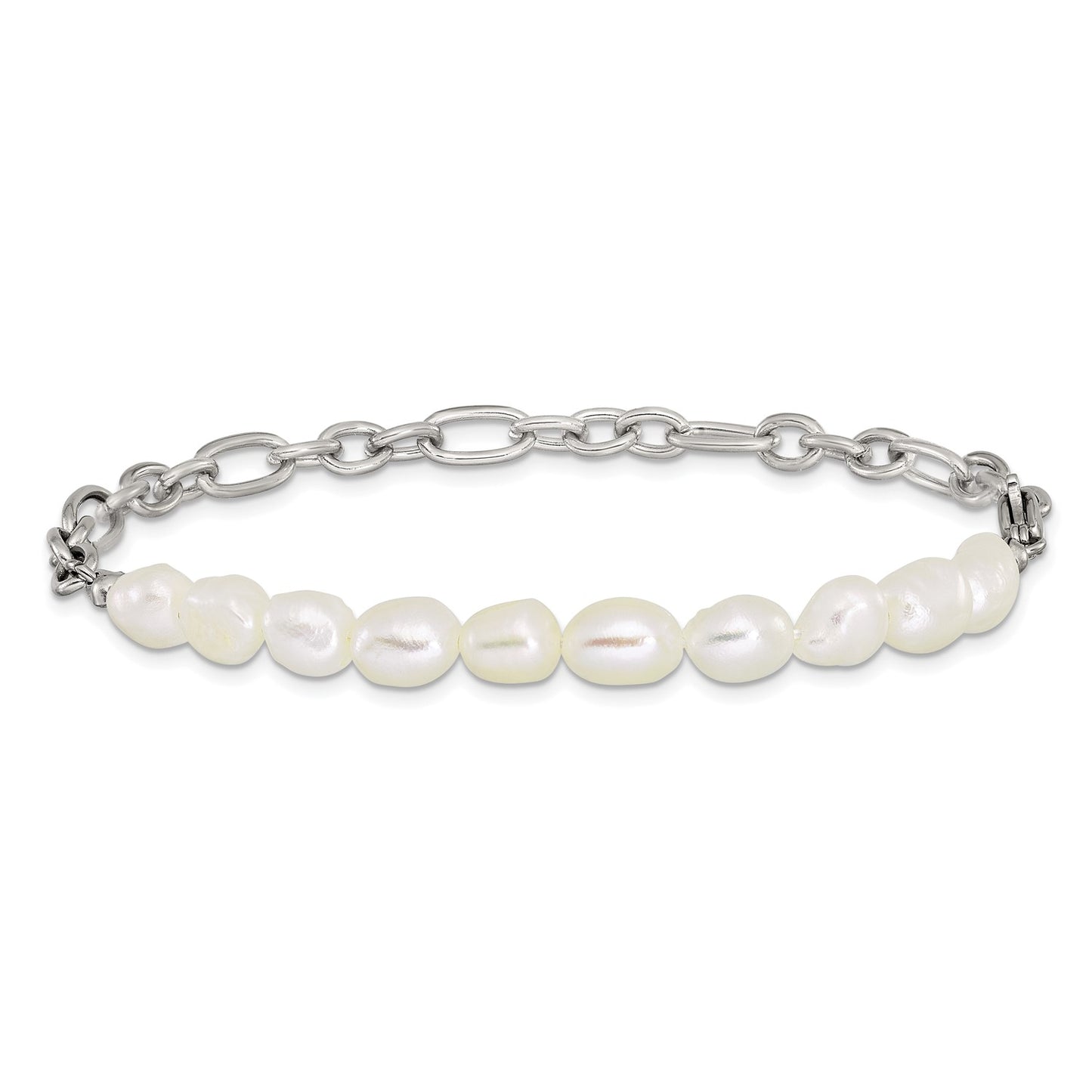 MJ Stainless Steel Polished with Half White Freshwater Cultured Pearl 8.25 inch Bracelet
