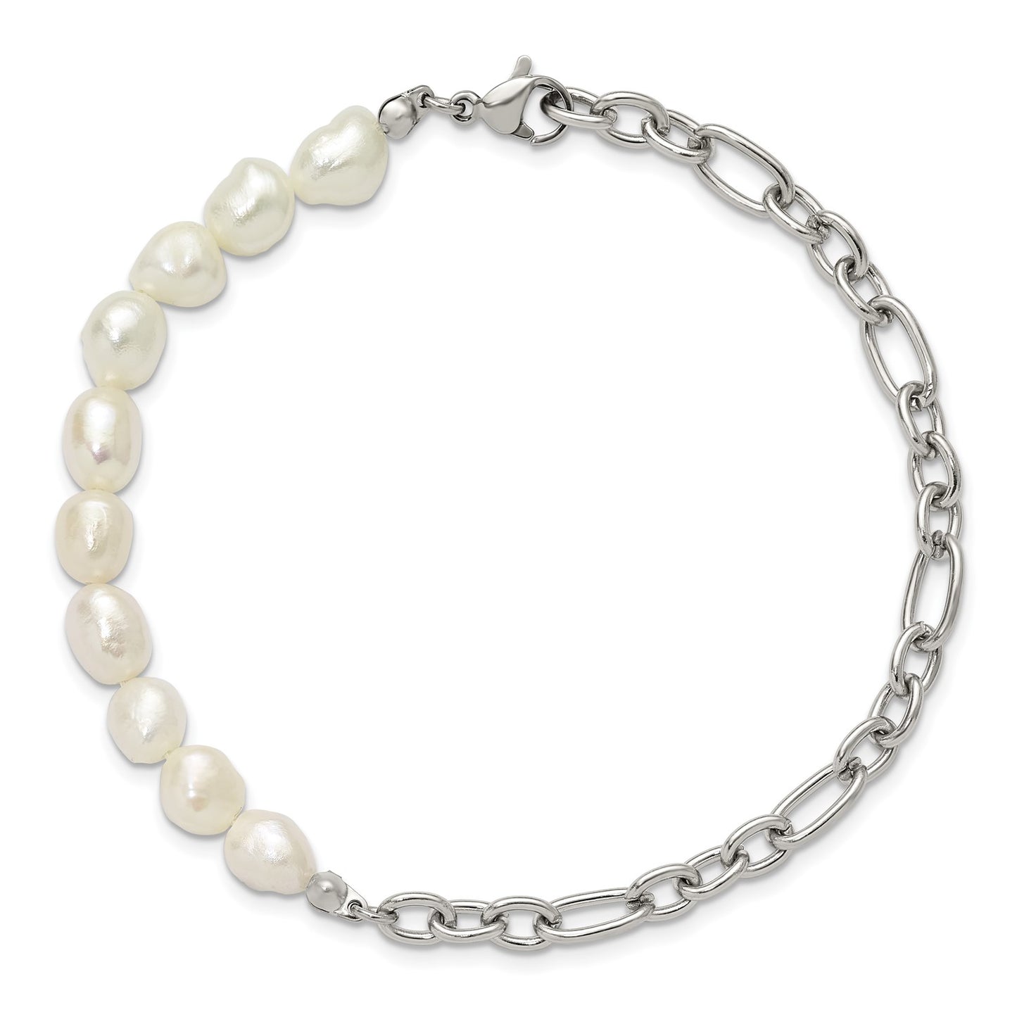 MJ Stainless Steel Polished with Half White Freshwater Cultured Pearl 8.25 inch Bracelet