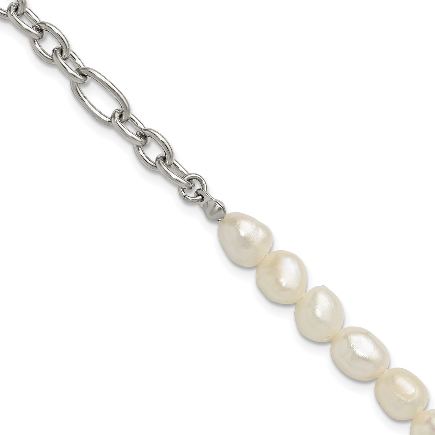 MJ Stainless Steel Polished with Half White Freshwater Cultured Pearl 8.25 inch Bracelet