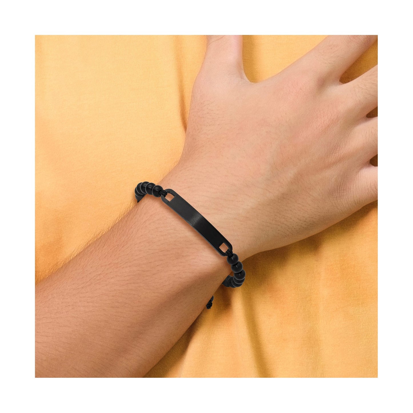 MJ Stainless Steel Brushed Black IP-plated 6mm Beaded Black Nylon 6.25 inch to 8 inch Adjustable ID Bracelet